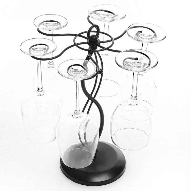 Scrollwork Black Metal Freestanding Tabletop Stemware Storage Rack with 6 Hooks - MyGift Enterprise LLC