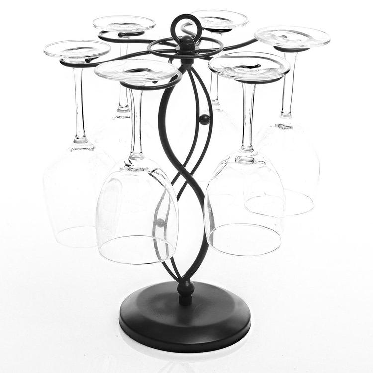 Scrollwork Black Metal Freestanding Tabletop Stemware Storage Rack with 6 Hooks - MyGift Enterprise LLC