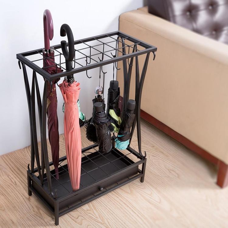 Modern Black Metal Umbrella Storage Rack with Removable Base Drip Tray - MyGift Enterprise LLC