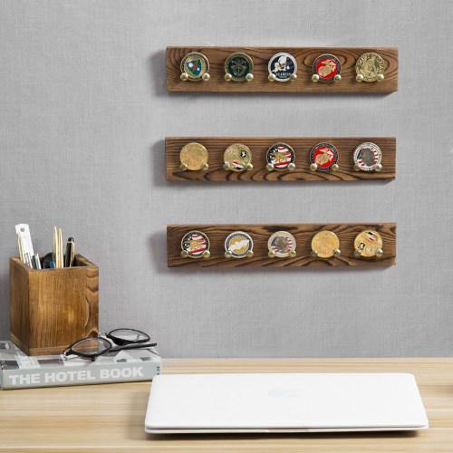 Brown Wood Wall Mounted Challenge Coin & Casino Chip Display Rack, Set of 3 - MyGift