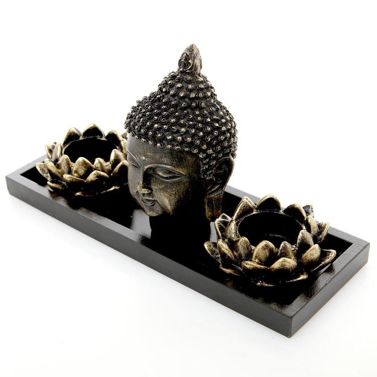 Buddha Head Sculpture Zen Garden Set w/ Lotus Candle Holders & Wooden Tray - MyGift Enterprise LLC