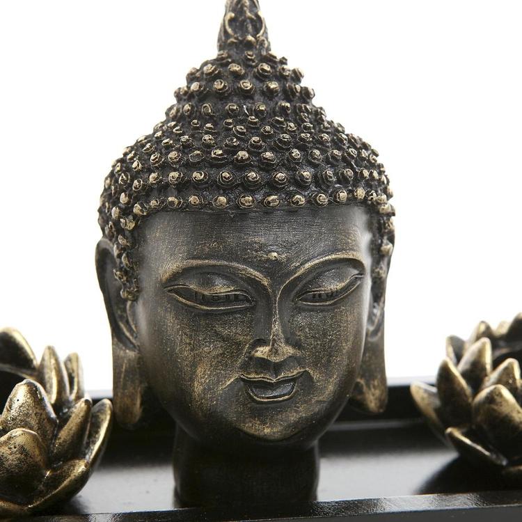 Buddha Head Sculpture Zen Garden Set w/ Lotus Candle Holders & Wooden Tray - MyGift Enterprise LLC