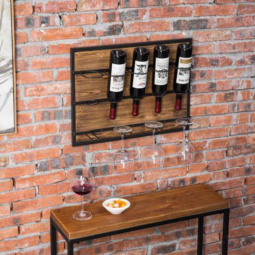 MyGift Wall Mounted Rustic Burnt Solid Wood Wine Glass Holder with Top Display Shelf, Wine Bottle Display Shelf with Black Metal Stemware Hanging