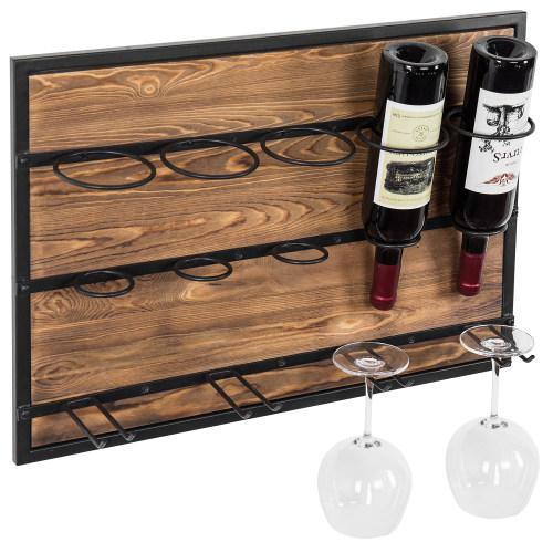 MyGift Wall Mounted Rustic Burnt Solid Wood Wine Glass Holder with Top Display Shelf, Wine Bottle Display Shelf with Black Metal Stemware Hanging