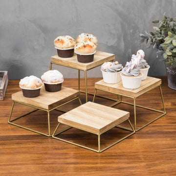 Burnt Wood & Gold Metal Square Display Risers/Pizza Stands, Set of 4 ...