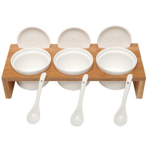 Ceramic Condiment Ramekins Set w/Lids & Spoons on Bamboo Tray – MyGift