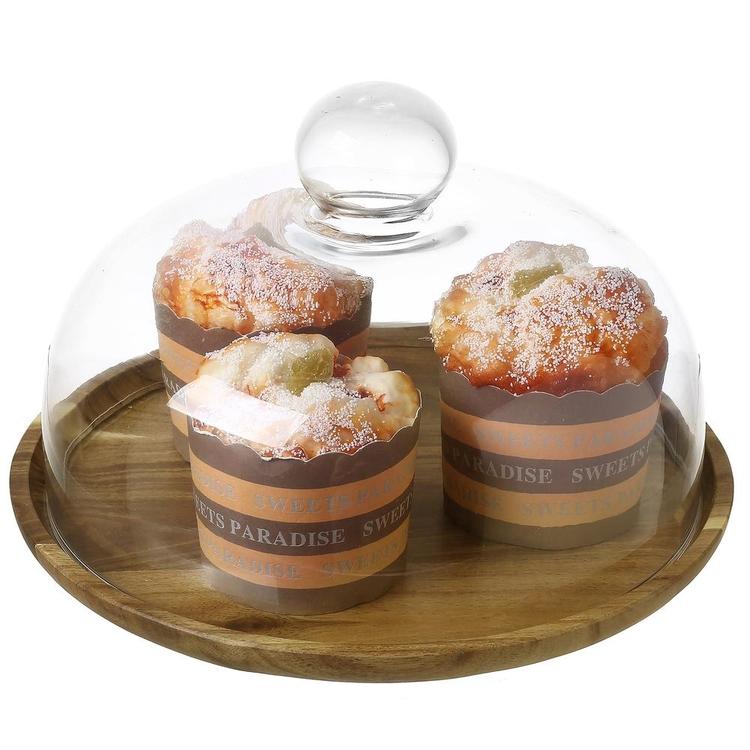 9 Inch Clear Glass Dessert & Cheese Cloche Dome with Acacia Wood Serving Tray - MyGift Enterprise LLC