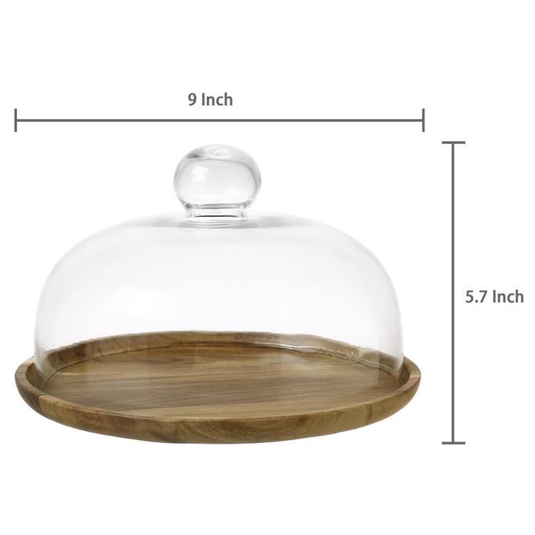 9 Inch Clear Glass Dessert & Cheese Cloche Dome with Acacia Wood Serving Tray - MyGift Enterprise LLC