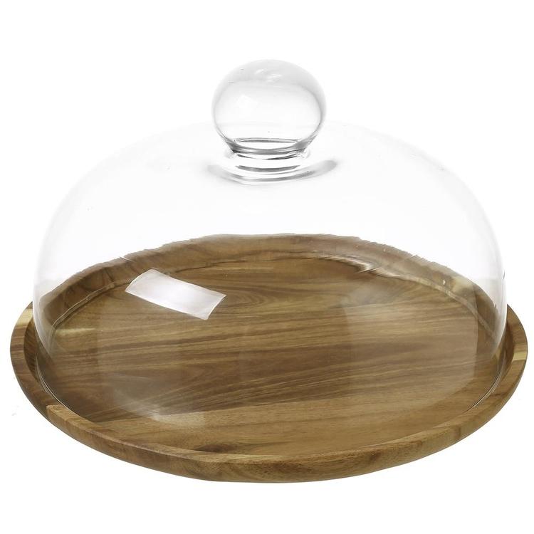 9 Inch Clear Glass Dessert & Cheese Cloche Dome with Acacia Wood Serving Tray - MyGift Enterprise LLC