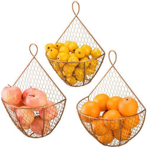 Copper Metal Wire Wall Hanging Produce Baskets, Set of 3 - MyGift