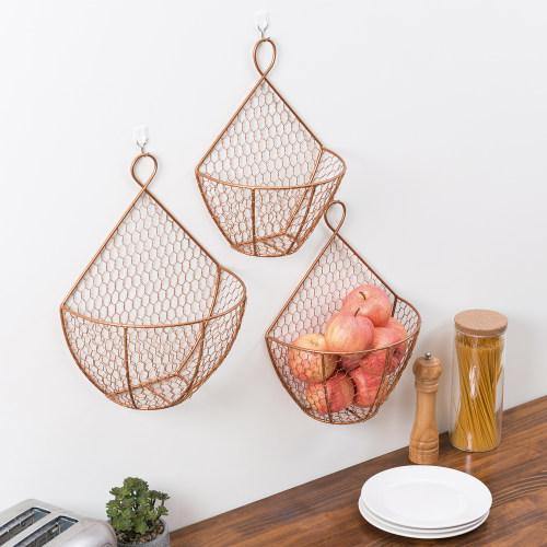 Copper Metal Wire Wall Hanging Produce Baskets, Set of 3 - MyGift