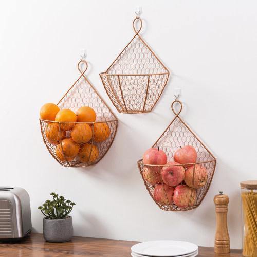 Copper Metal Wire Wall Hanging Produce Baskets, Set of 3 - MyGift