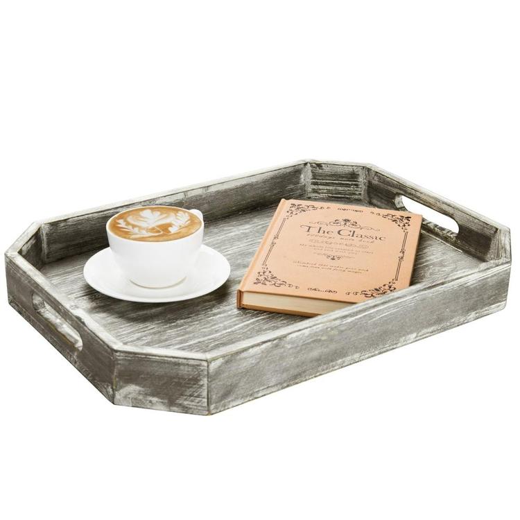 Country Rustic Wood Serving Tray with Cutout Handles and Angled Edges - MyGift Enterprise LLC