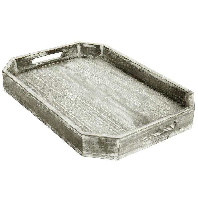 Country Rustic Wood Serving Tray with Cutout Handles and Angled Edges - MyGift Enterprise LLC