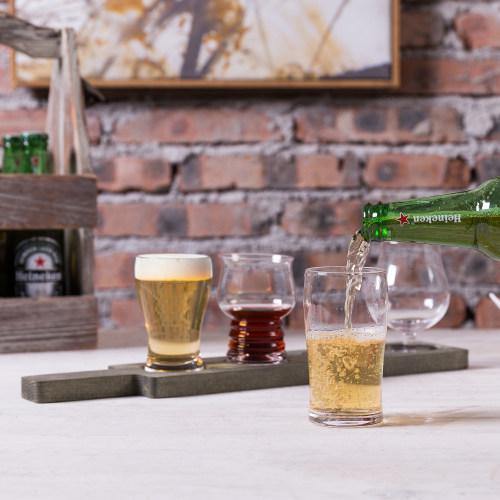 Craft Beer Tasting Flight Set with 4 Glasses & Gray Wood Paddle Serving Tray - MyGift