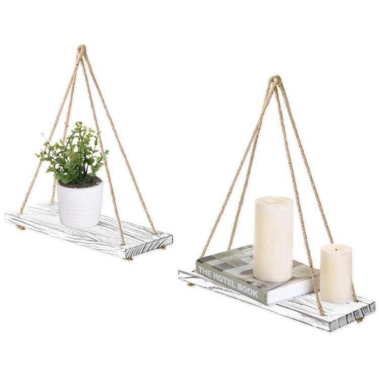 Distressed Wood Hanging Shelves, Set of 2, Whitewashed - MyGift