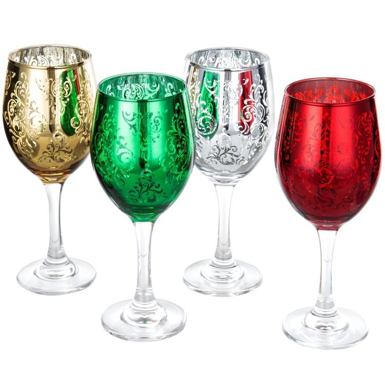 Etched Glass Holiday Wine Glasses, Set of 4