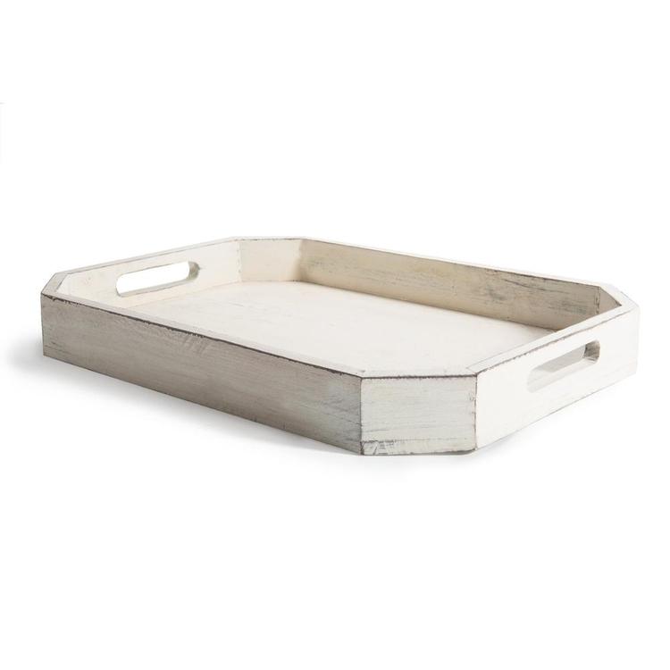 Rustic Whitewashed Wood Serving Tray with Cut-out Handles and Angled Edges - MyGift Enterprise LLC