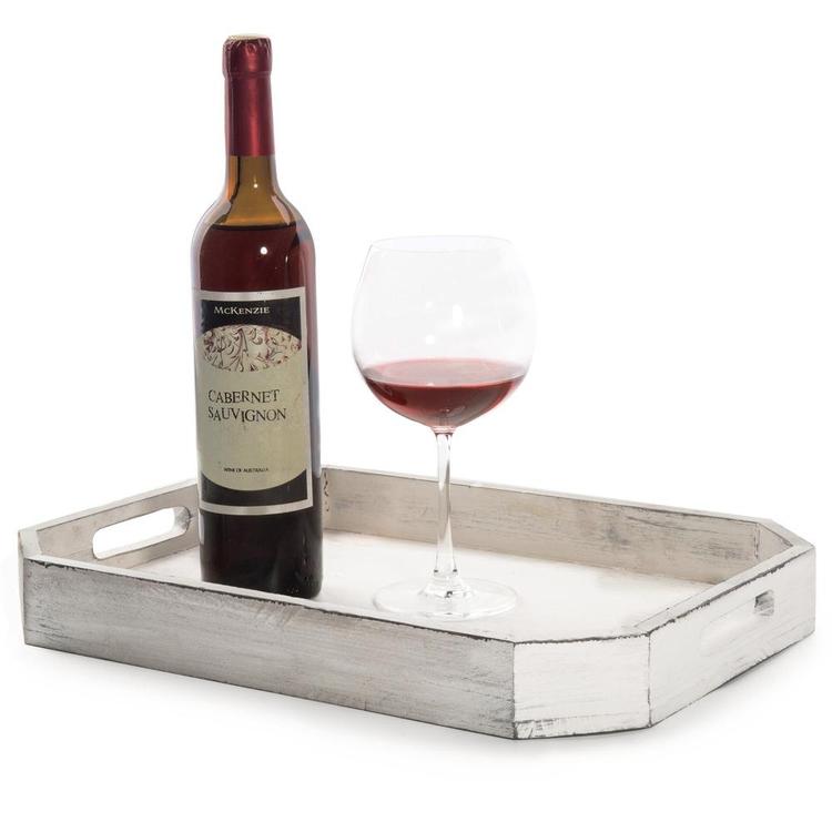 Rustic Whitewashed Wood Serving Tray with Cut-out Handles and Angled Edges - MyGift Enterprise LLC