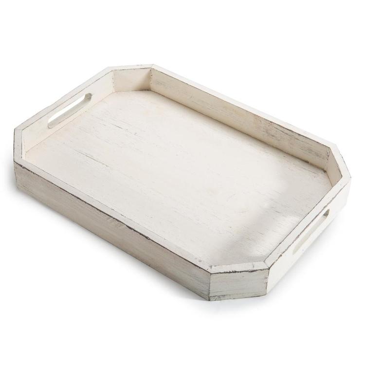 Rustic Whitewashed Wood Serving Tray with Cut-out Handles and Angled Edges - MyGift Enterprise LLC