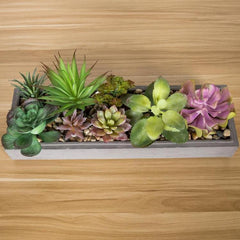 Artificial Succulents Arranged in a Rustic Galvanized Metal Tray with Faux Rust, Dahlia, Barrel and Pencil Cactus, Echeveria, and Sedum online