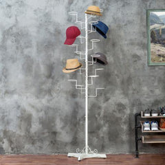 10-Hook Industrial Black Metal Pipe & Wood Hat Tree Stand