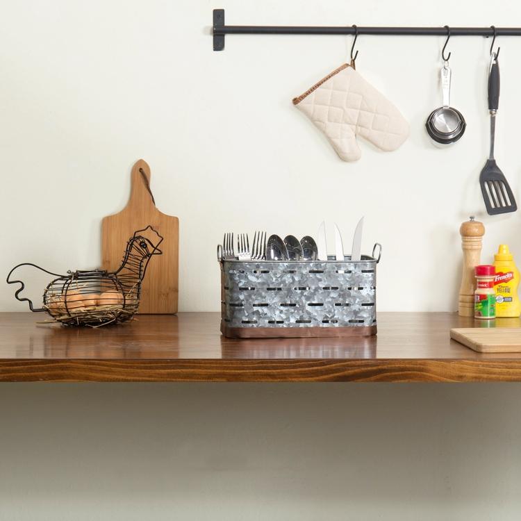 Galvanized and Copper Metal Kitchen Utensil Basket