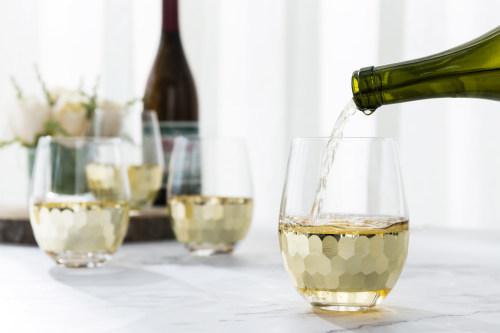 Modern Stemless Wine Glasses with Clear Frosted Hammered Pattern Base, –  MyGift