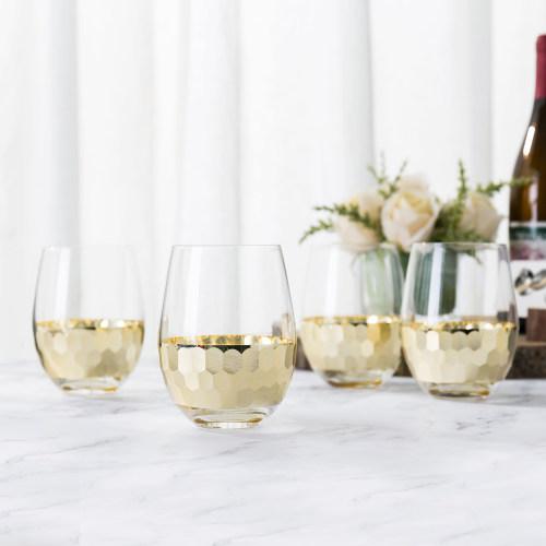 Glass & Gold-Tone Hammered Design Stemless Wine Glasses, Set of 4