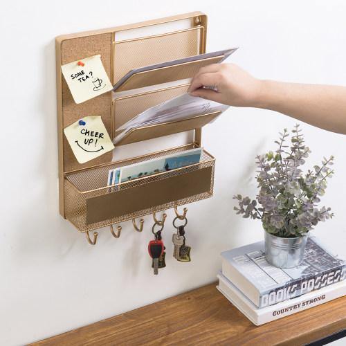 Mail Sorter Key Organizer Wall Mount, Metal Entryway Storage Organizer Basket with 5-Hooks for Coat, Keys (Set of 2)