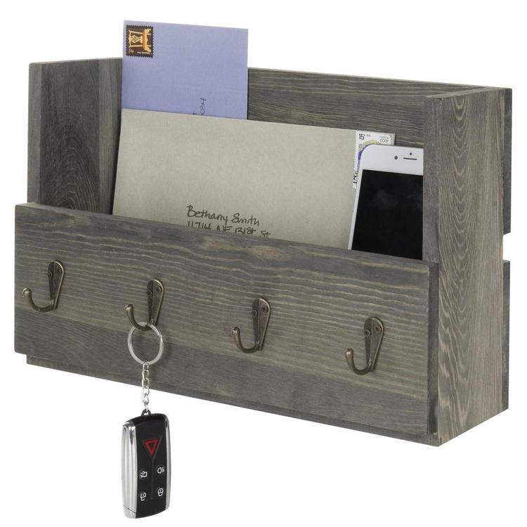 Rustic Gray Wood Wall Mounted Mail Organizer with 4 Key Hooks - MyGift Enterprise LLC