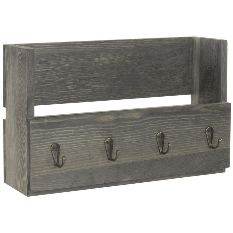 Rustic Gray Wood Wall Mounted Mail Organizer with 4 Key Hooks - MyGift Enterprise LLC