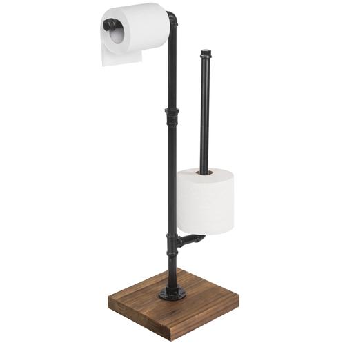 Industrial Metal Pipe & Burnt Wood Toilet Paper Holder with Storage