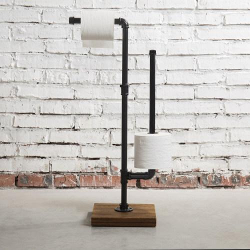 Industrial Metal Pipe & Burnt Wood Toilet Paper Holder with Storage