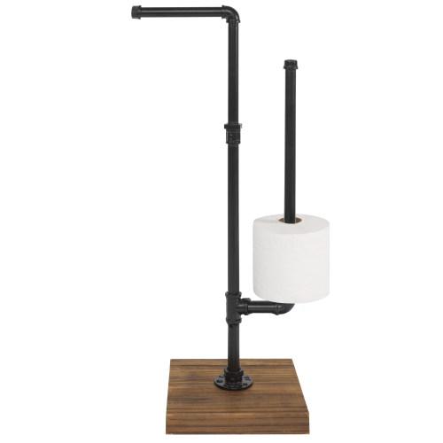 Industrial Metal Pipe & Burnt Wood Toilet Paper Holder with Storage