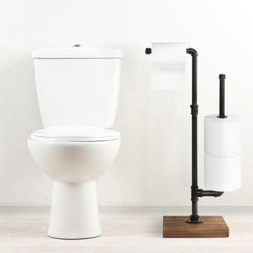 Gray Wood and Industrial Metal Pipe Freestanding Toilet Paper Roll Holder  Stand with Reserve Storage and Top Shelf Tray