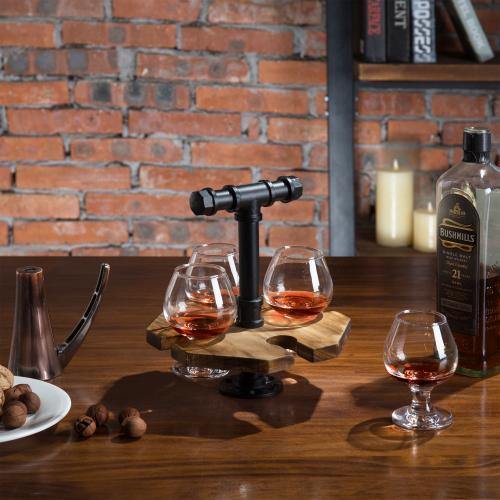 Industrial Pipe & Burnt Wood Beer/Whiskey Flight Set with 4 Glasses - MyGift