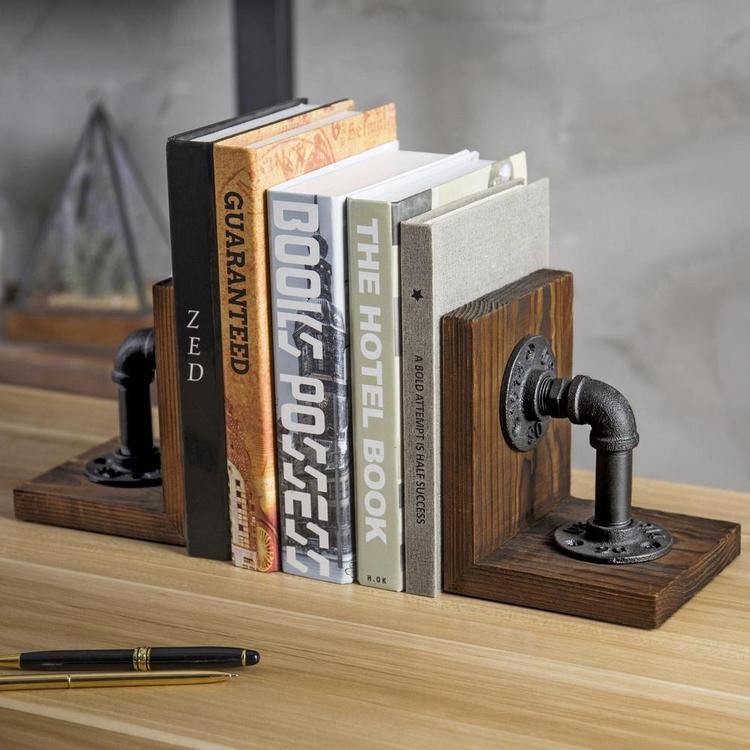 Industrial Pipe & Brown Wood Bookends - MyGift