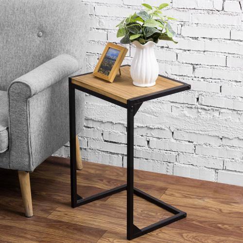 Industrial Style Brown Burnt Wood & Black Metal Side Table - MyGift