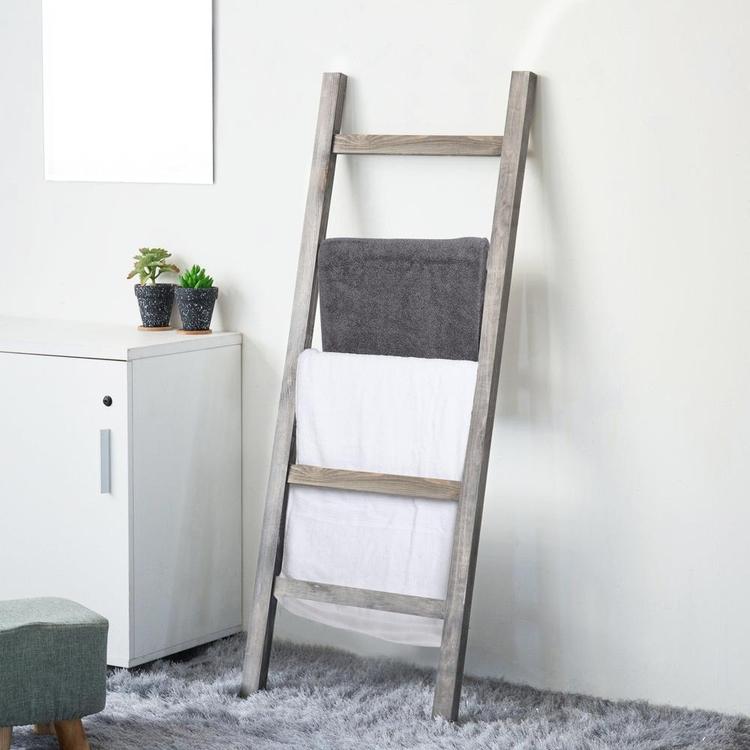 Wall-Leaning Rustic Gray Wood Ladder-Style Blanket Rack - MyGift Enterprise LLC