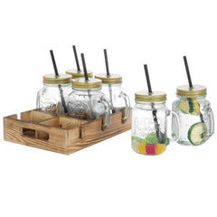 7-Piece Set Mason Jar Mug Glasses in Wood Caddy with Metal Corner Brac –  MyGift