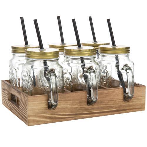 Mason Jar Mugs with Lids, Straws & Wood Caddy, Brown, Set of 6