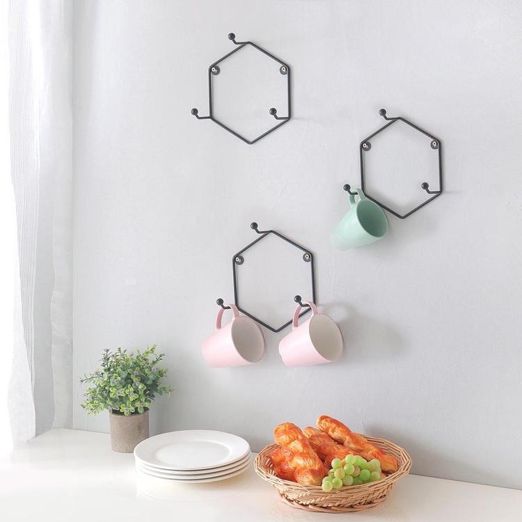 Wall Mounted 3-Hook Modern Matte Black Geometric Metal Mug Rack Holder, Set of 3 - MyGift Enterprise LLC