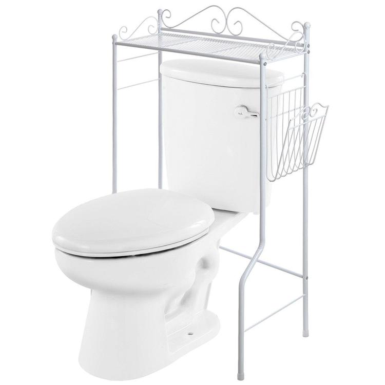 Metal Storage Freestanding Bathroom Shelf w/ Magazine Basket, White - MyGift Enterprise LLC