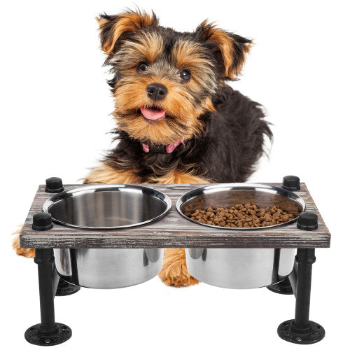 Torched Wood & Industrial Pipe Pet Feeder Stand w/ Bowls – MyGift