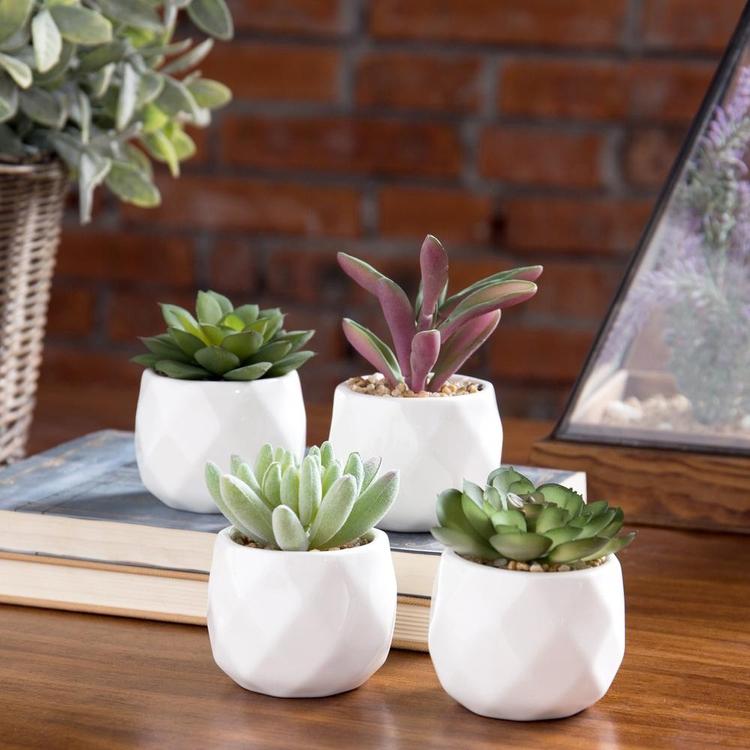 Mini Artificial Succulent Plants in Geometric Ceramic Planter Pots, Set of 4 - MyGift Enterprise LLC