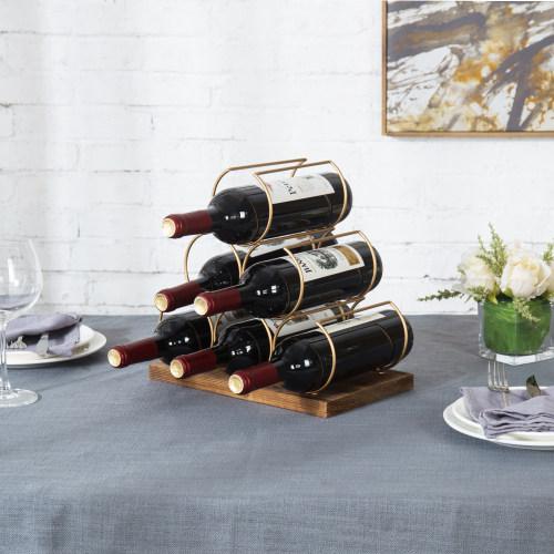 Modern Brass-Tone Metal & Burnt Wood Wine Rack