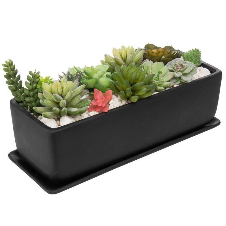 Rectangular Ceramic Succulent Planter with Saucer, Black - MyGift