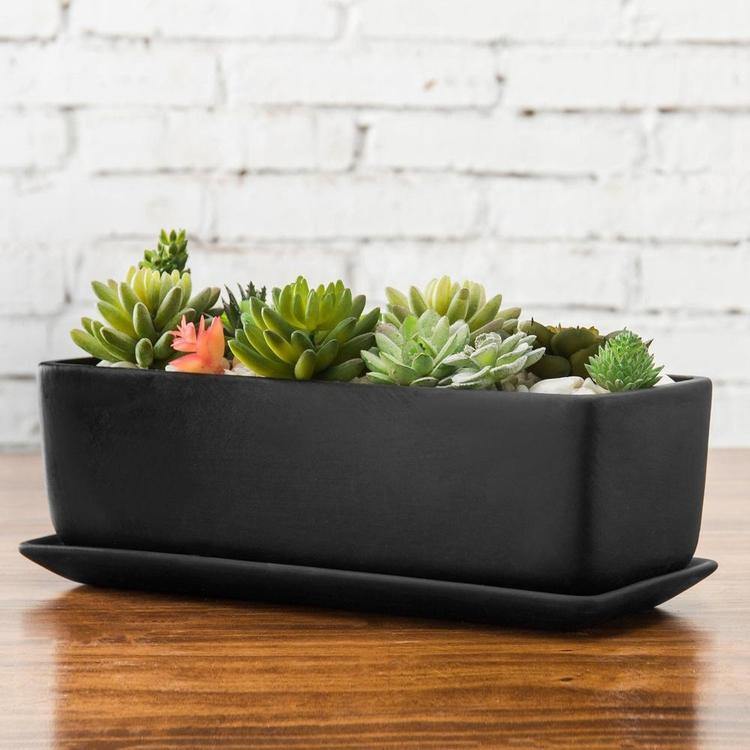 Rectangular Ceramic Succulent Planter with Saucer, Black - MyGift