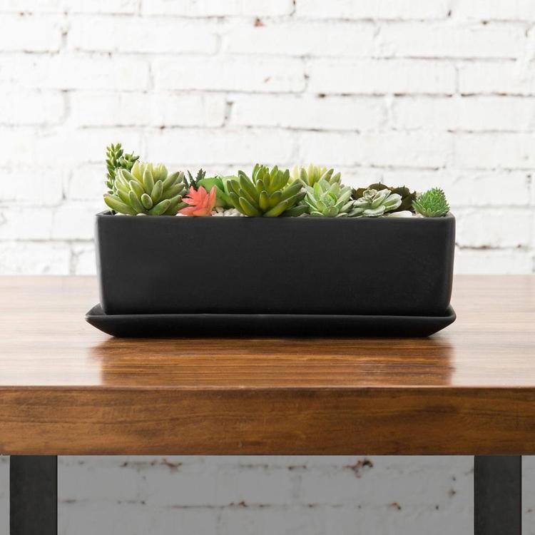 Rectangular Ceramic Succulent Planter with Saucer, Black - MyGift